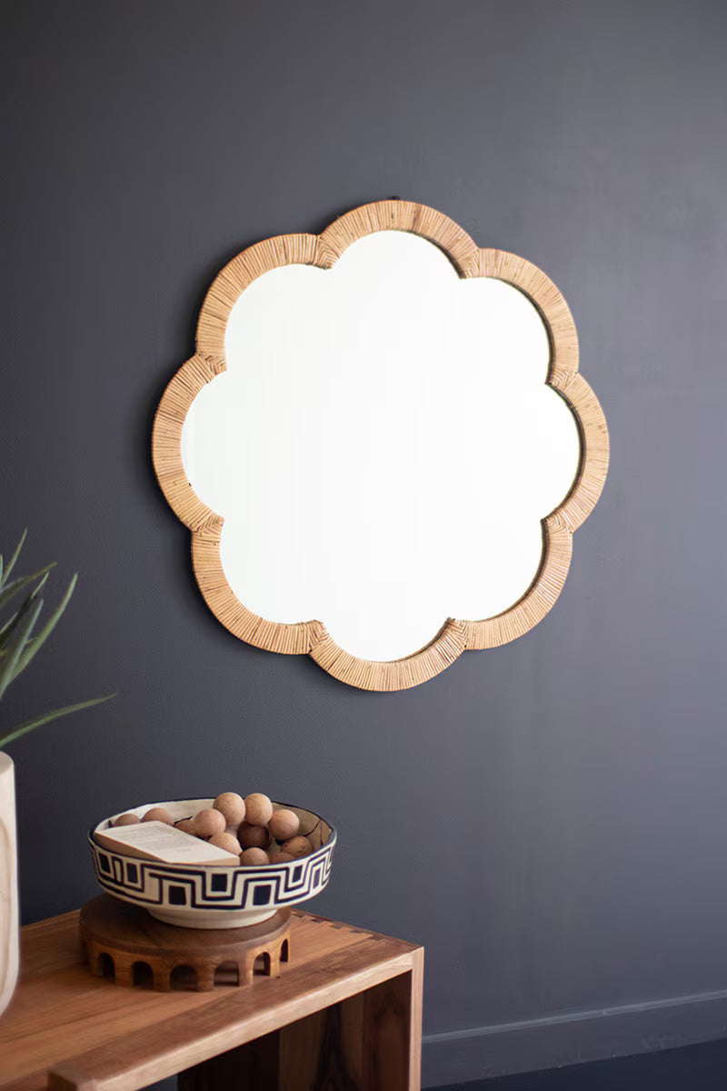 Cane Wrapped Flower Shaped Framed Mirror