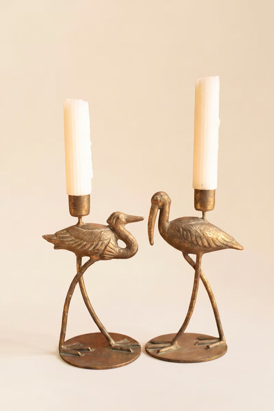 Set of 2 Antique Brass Shorebird Taper Candle Holders