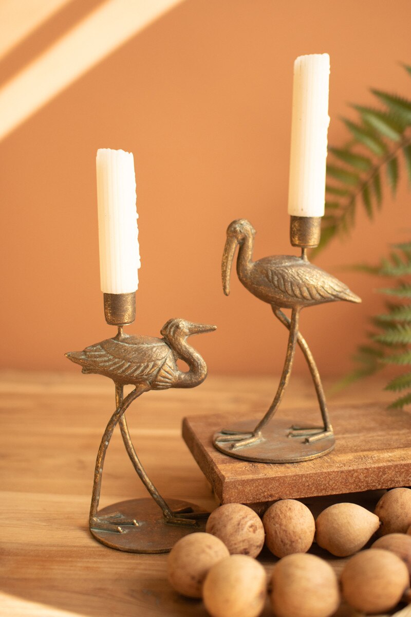 Set of 2 Antique Brass Shorebird Taper Candle Holders