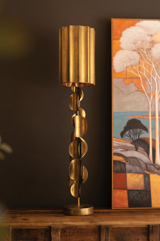Tall Metal Table Lamp with Antique Gold Finish and Fluted Metal Shade