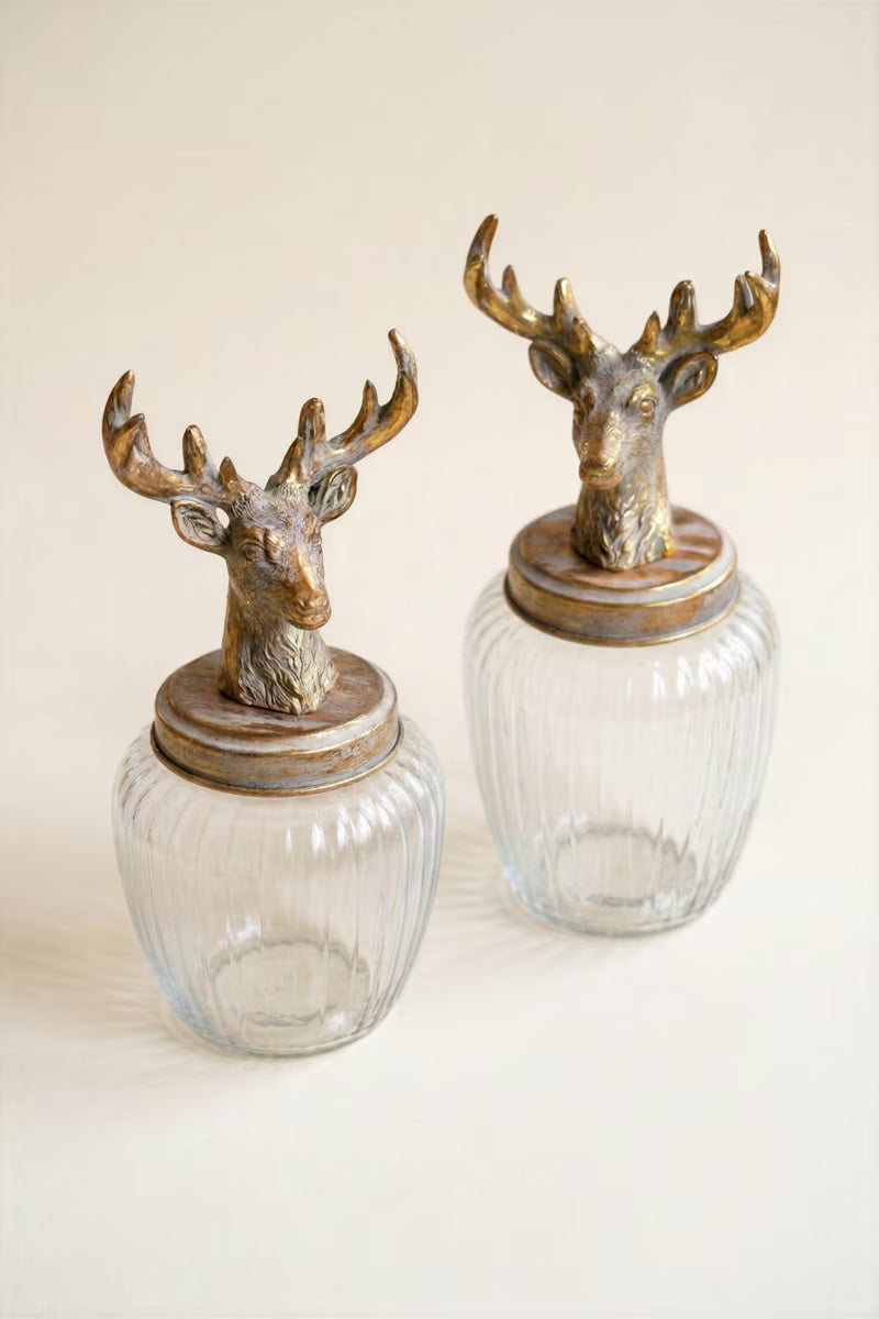 Set of 2 Glass Canisters with Reindeer Tops