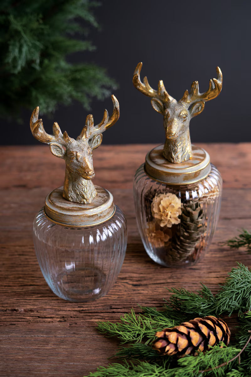 Set of 2 Glass Canisters with Reindeer Tops
