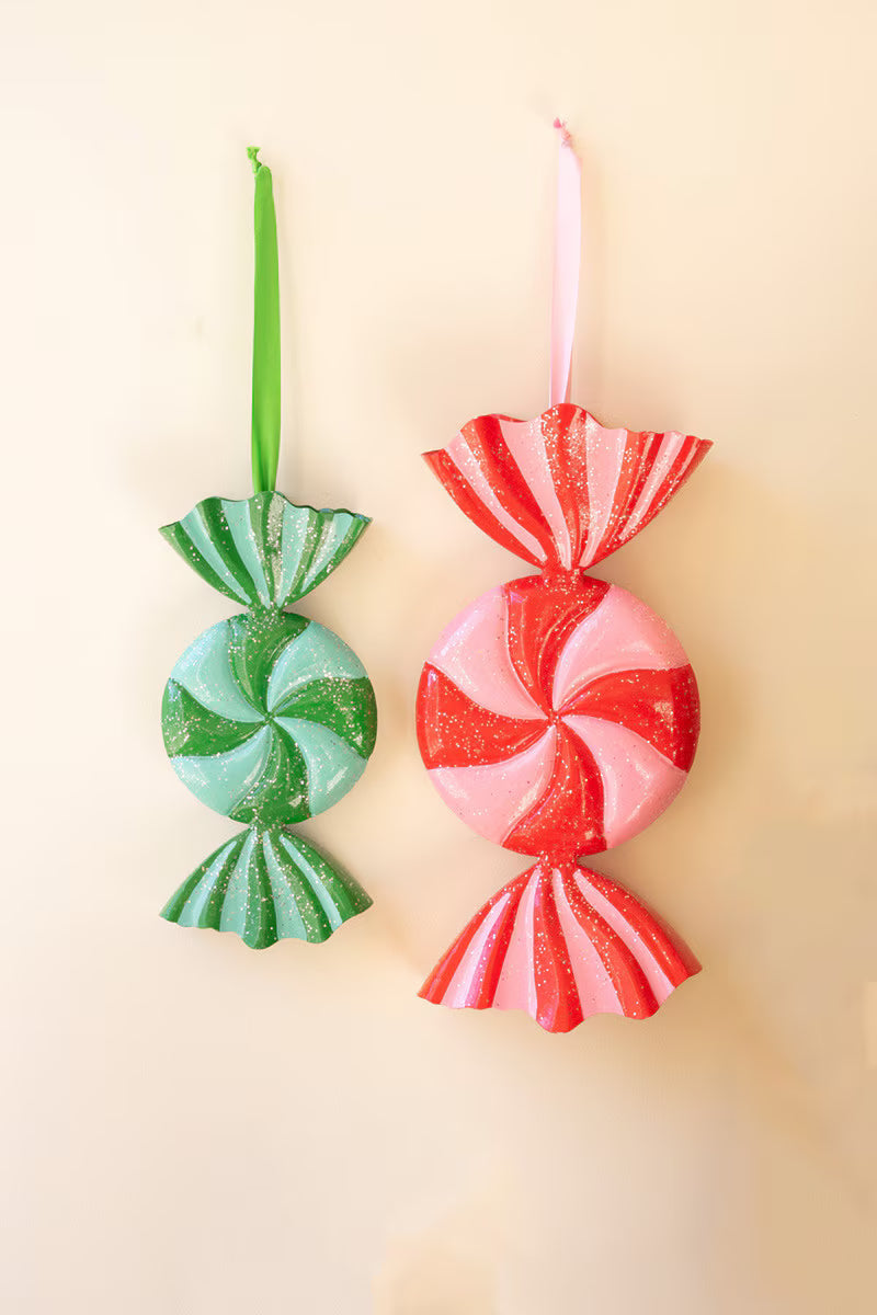 Set of 2 Large Painted Metal Colorful Christmas Candy Ornaments