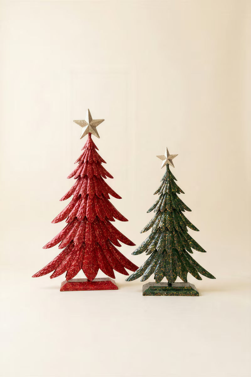 Set of 2 Painted Metal Christmas Trees with Glitter