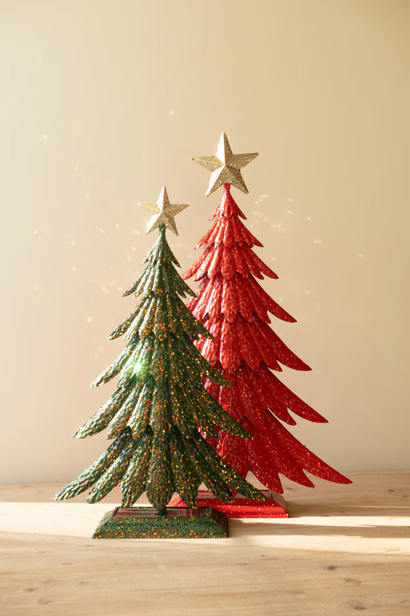 Set of 2 Painted Metal Christmas Trees with Glitter