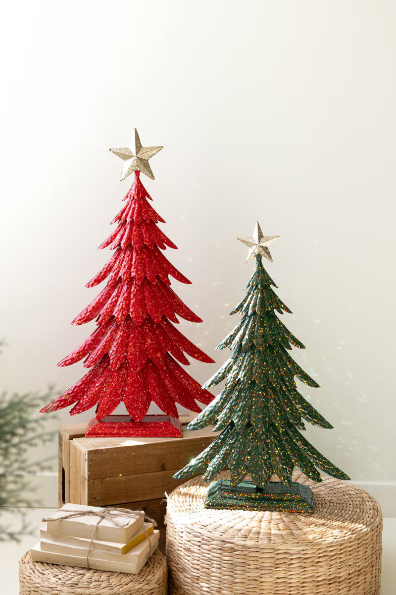Set of 2 Painted Metal Christmas Trees with Glitter