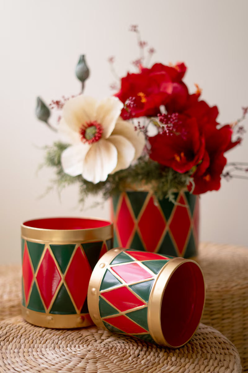 Set of 3 Painted Metal Drum Christmas Planters