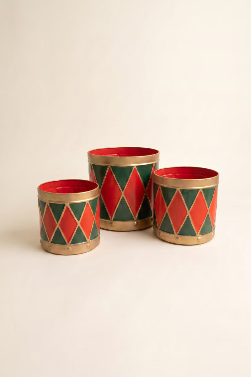 Set of 3 Painted Metal Drum Christmas Planters