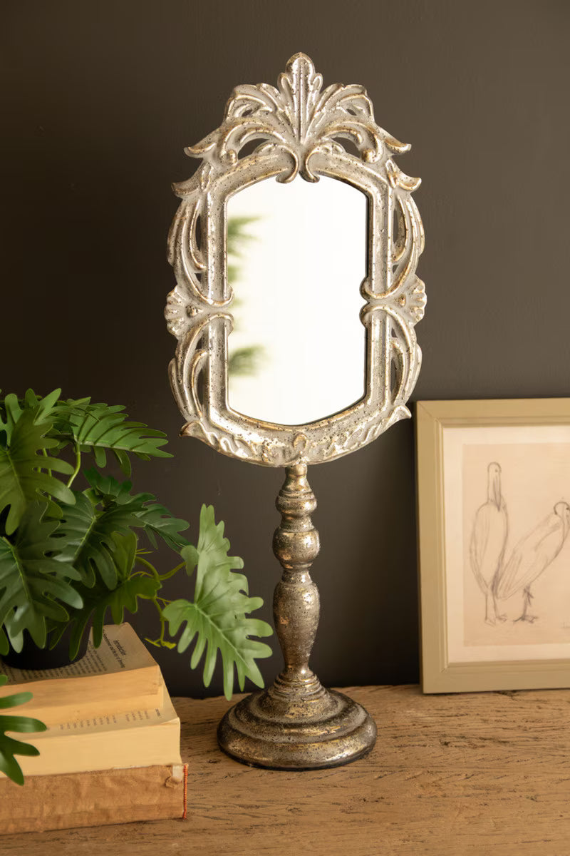 Ornate Rustic Metal Tabletop Mirror with Pedestal Base