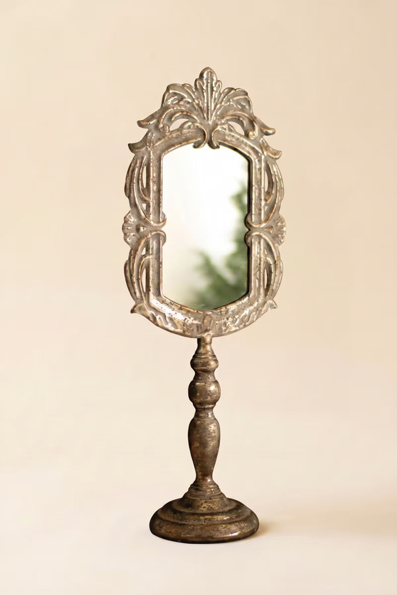 Ornate Rustic Metal Tabletop Mirror with Pedestal Base