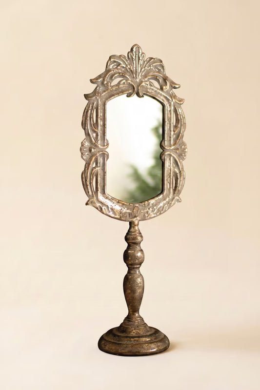 Ornate Rustic Metal Tabletop Mirror with Pedestal Base