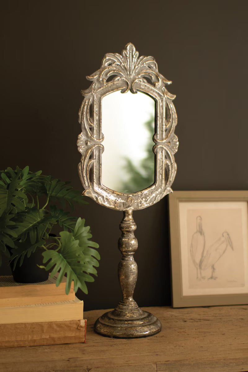Ornate Rustic Metal Tabletop Mirror with Pedestal Base