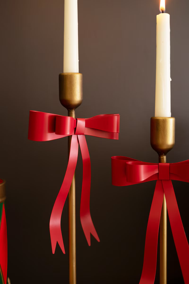 Set of 2 Metal Christmas Bow Taper Candle Holders