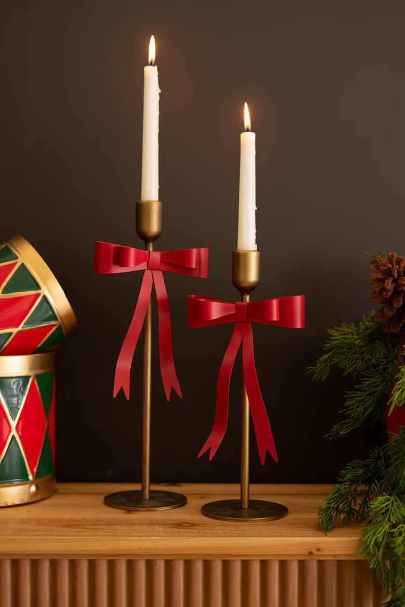 Set of 2 Metal Christmas Bow Taper Candle Holders
