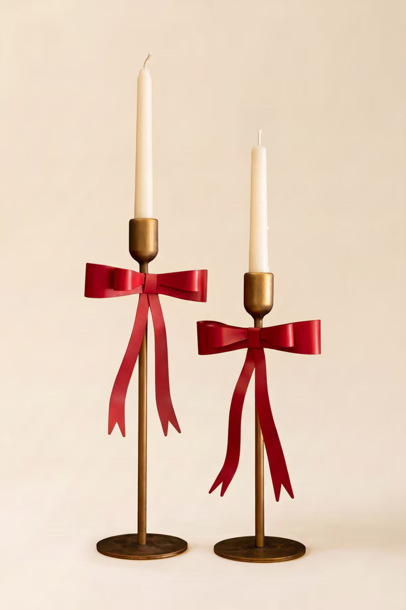 Set of 2 Metal Christmas Bow Taper Candle Holders