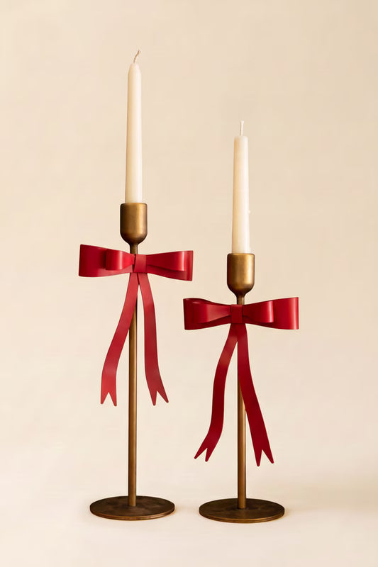 Set of 2 Metal Christmas Bow Taper Candle Holders
