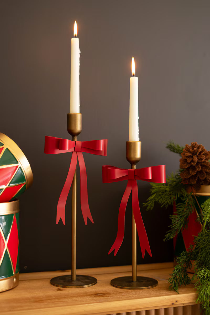 Set of 2 Metal Christmas Bow Taper Candle Holders