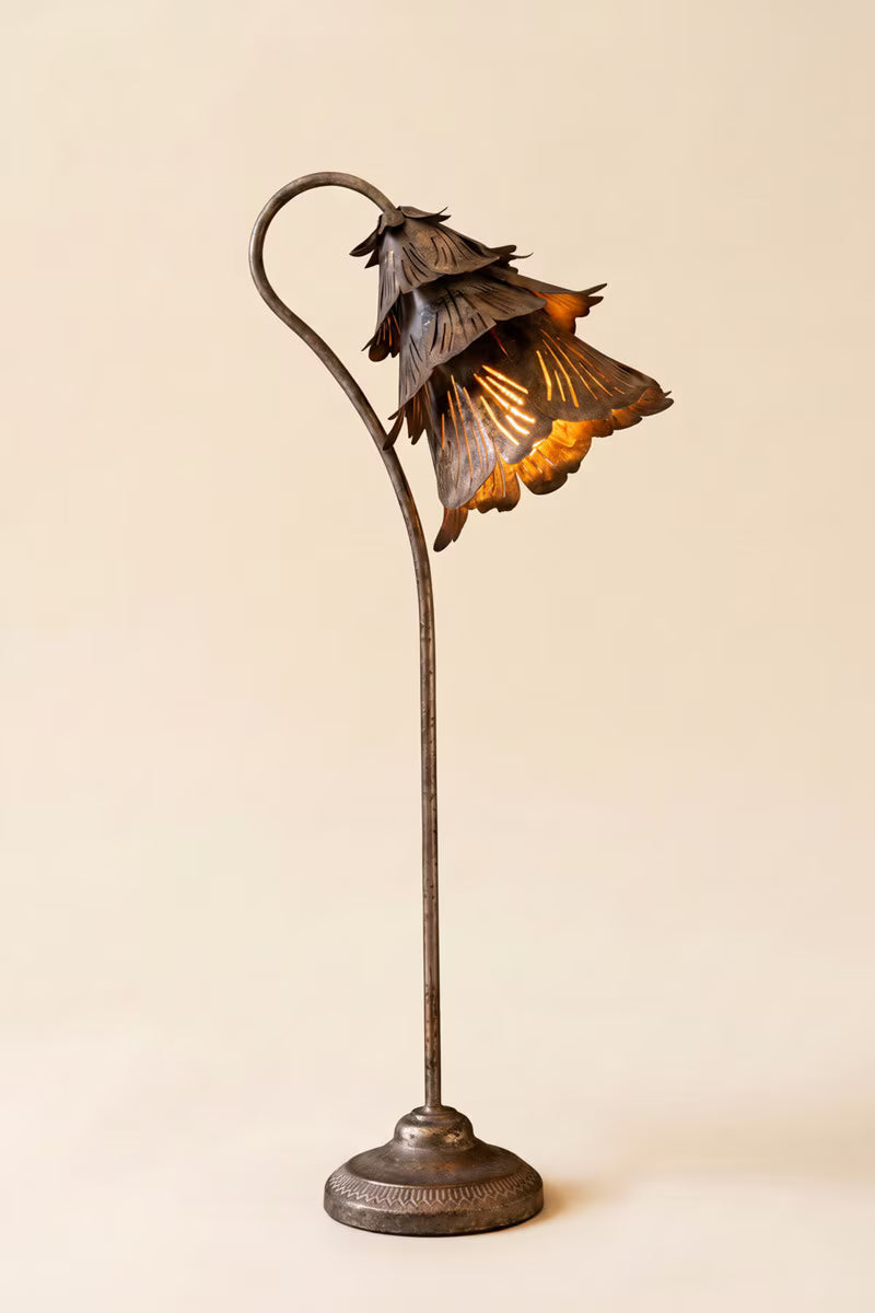 Rustic Metal Table Lamp with Flower Shade