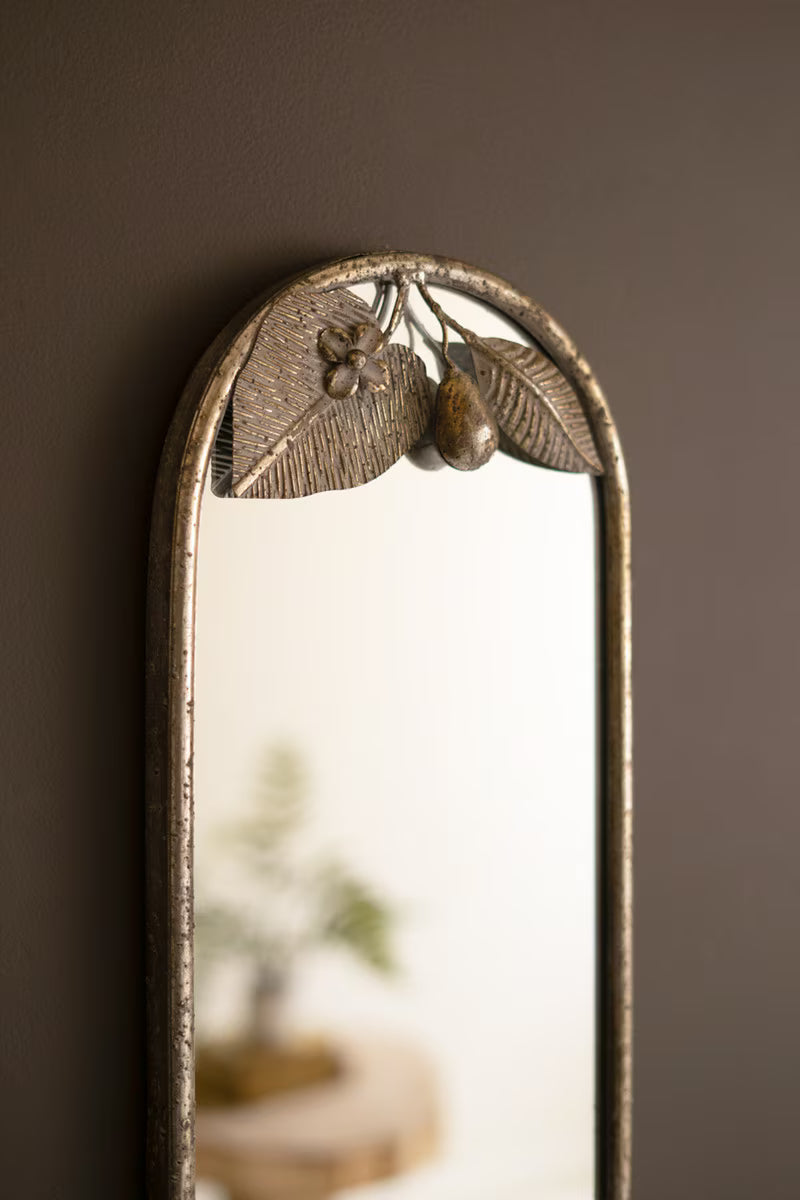 Tall Rustic Metal Framed Mirror with Leaf and Fruit Detail