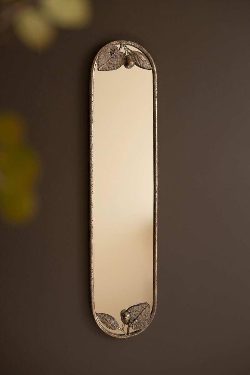 Tall Rustic Metal Framed Mirror with Leaf and Fruit Detail