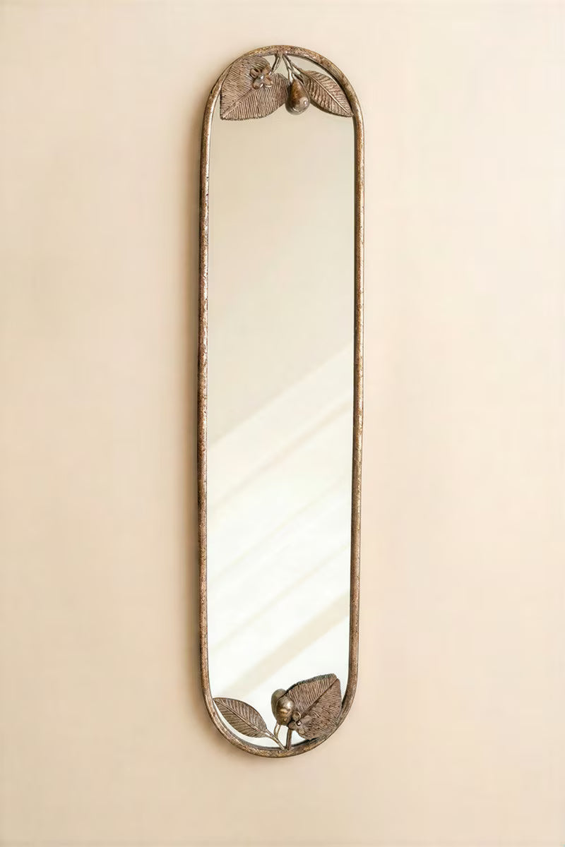 Tall Rustic Metal Framed Mirror with Leaf and Fruit Detail