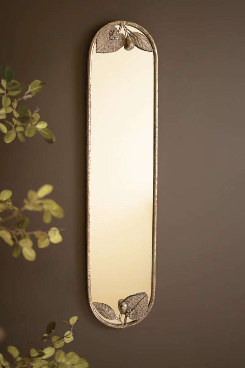 Tall Rustic Metal Framed Mirror with Leaf and Fruit Detail