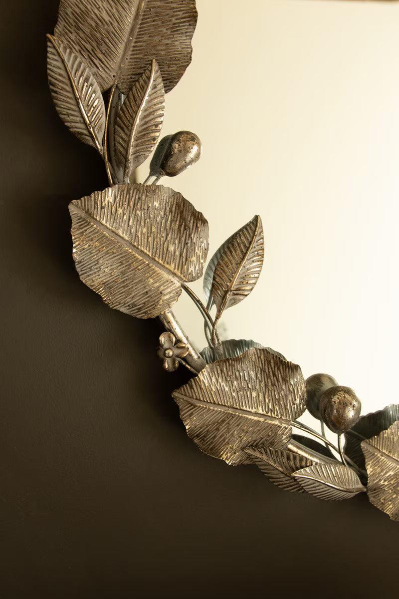 Round Rustic Metal Framed Mirror with Leaf and Fruit Detail