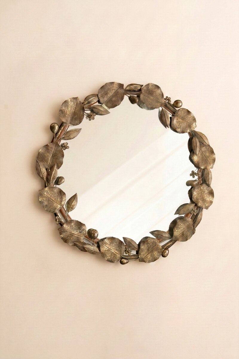 Round Rustic Metal Framed Mirror with Leaf and Fruit Detail