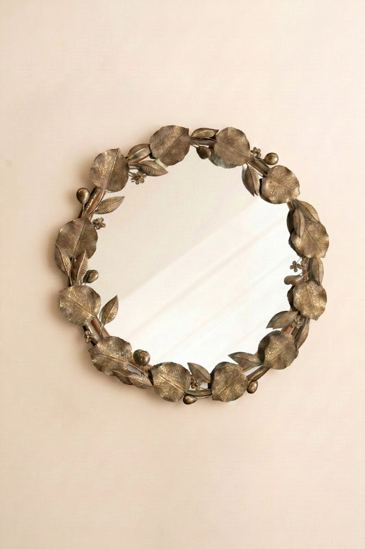 Round Rustic Metal Framed Mirror with Leaf and Fruit Detail