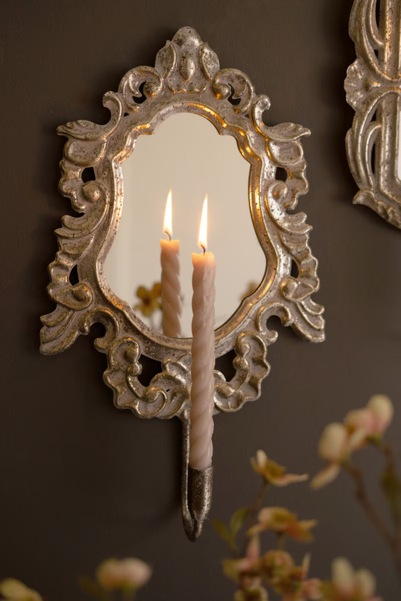 Set of 2 Ornate Rustic Metal Framed Mirror Taper Sconces