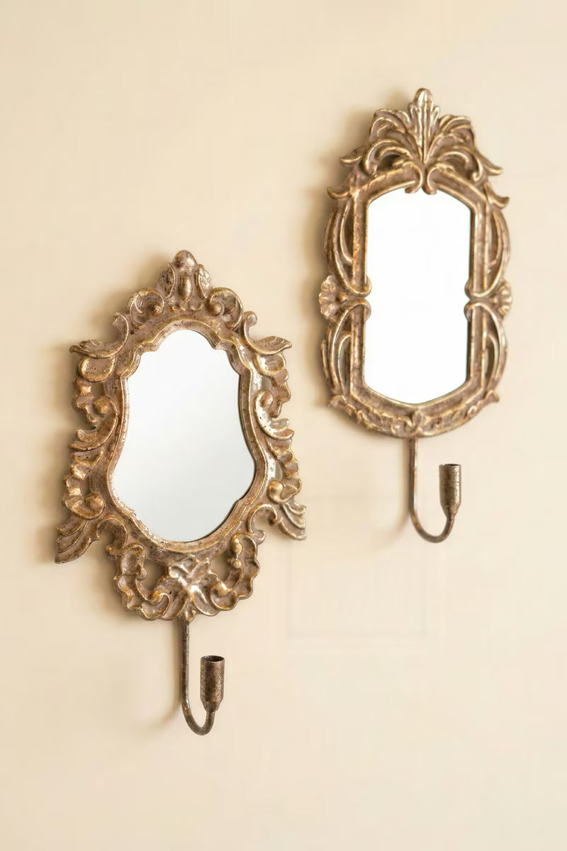 Set of 2 Ornate Rustic Metal Framed Mirror Taper Sconces
