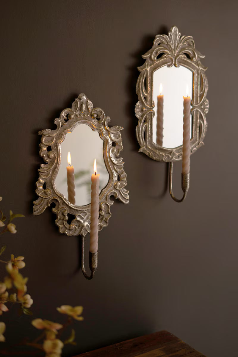 Set of 2 Ornate Rustic Metal Framed Mirror Taper Sconces