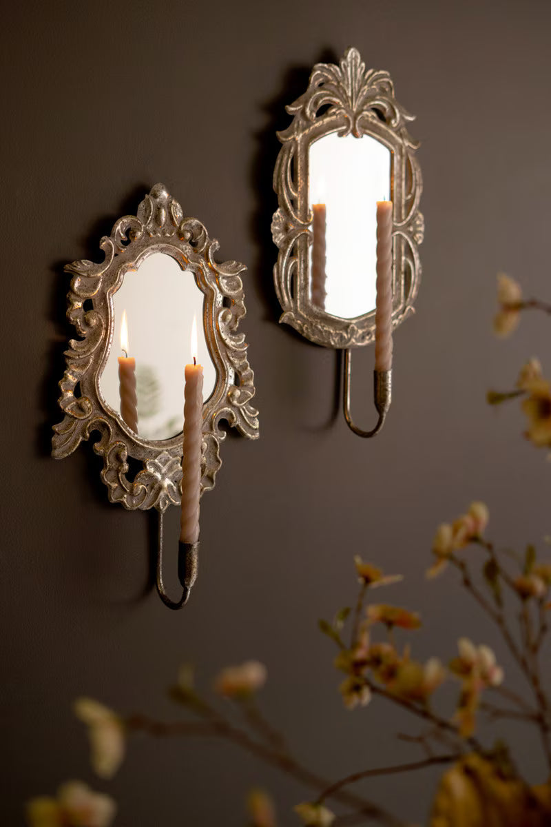 Set of 2 Ornate Rustic Metal Framed Mirror Taper Sconces