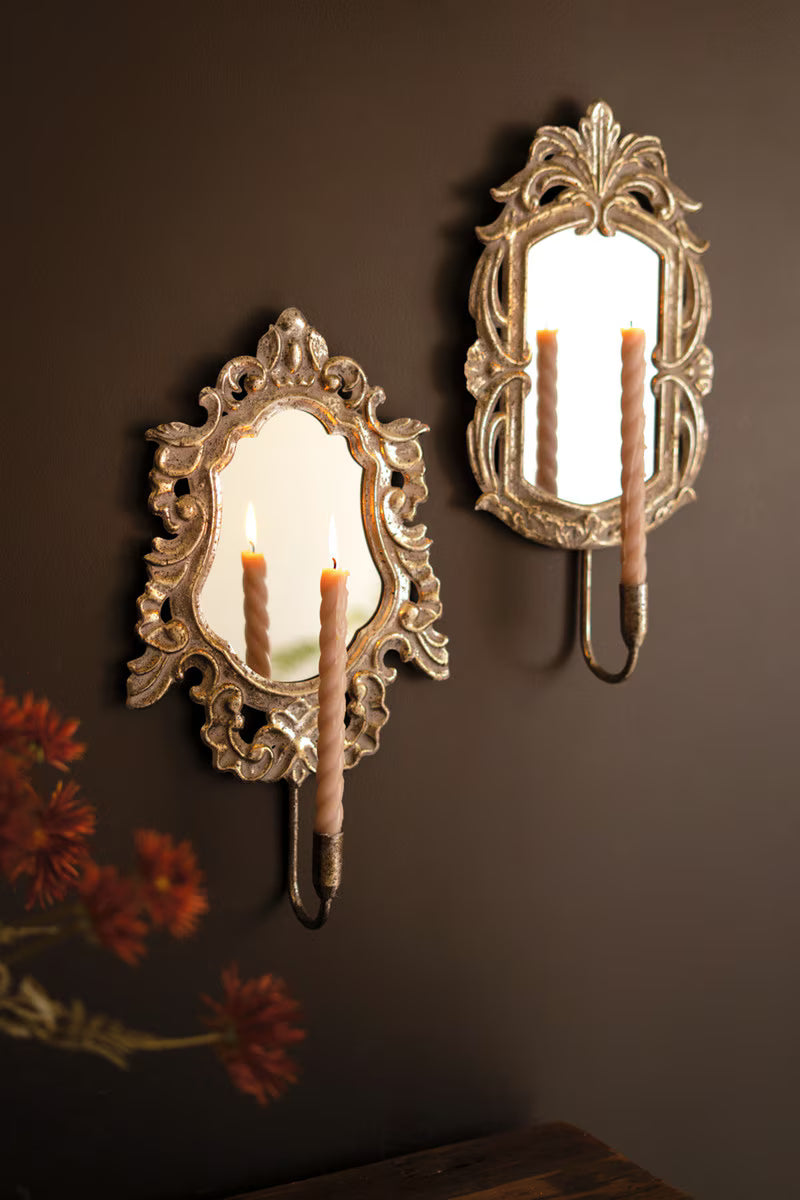 Set of 2 Ornate Rustic Metal Framed Mirror Taper Sconces