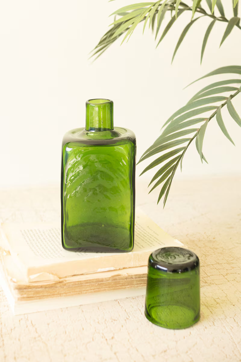 Green Recycled Glass Bedside Water Carafe and Drinking Glass