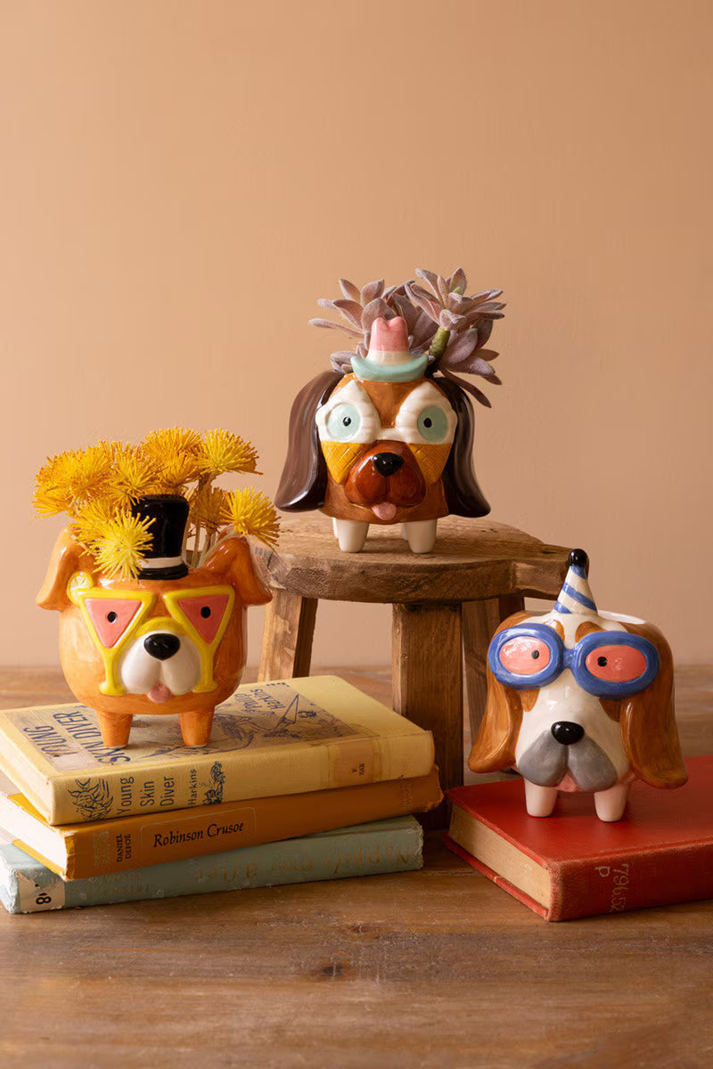 Set of 3 Ceramic Party Puppy Planters
