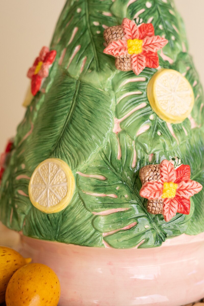 Ceramic Christmas Tree with Lemons and Poinsettias