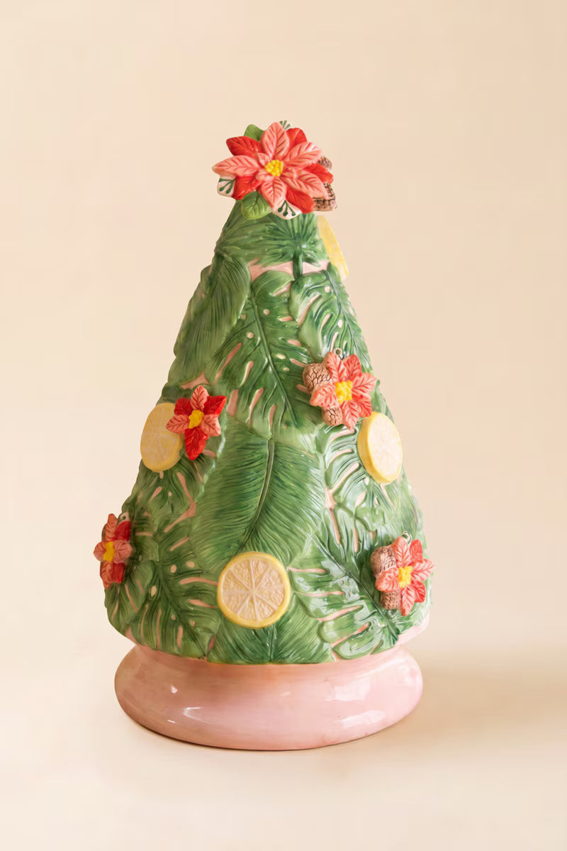 Ceramic Christmas Tree with Lemons and Poinsettias