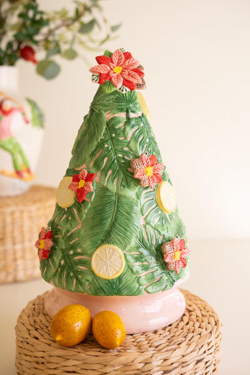 Ceramic Christmas Tree with Lemons and Poinsettias