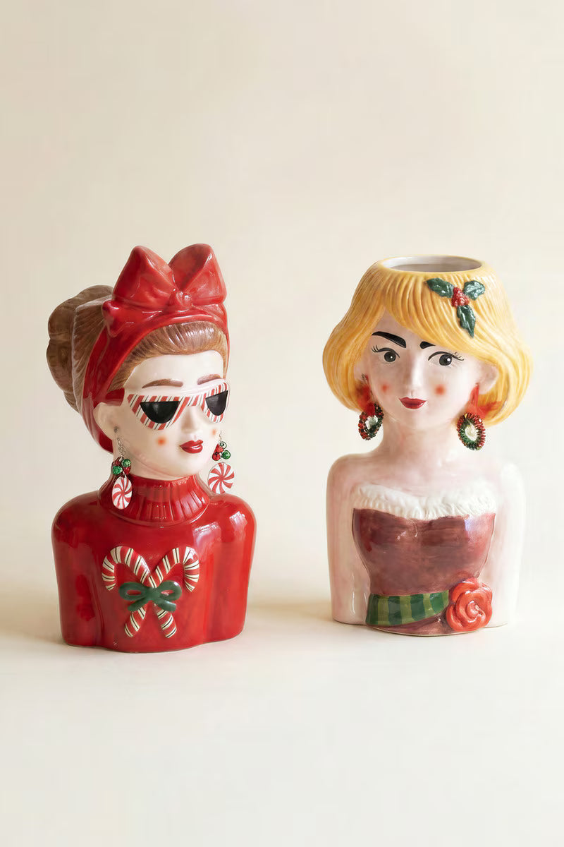 Set of 2 Ceramic Tacky Christmas Women Vases