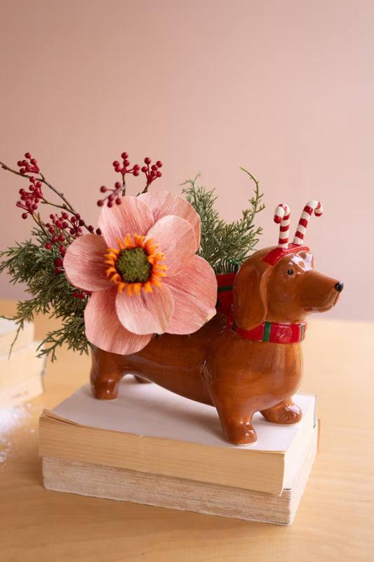 Ceramic Christmas Dachshund Planter with a Candy Cane Headband