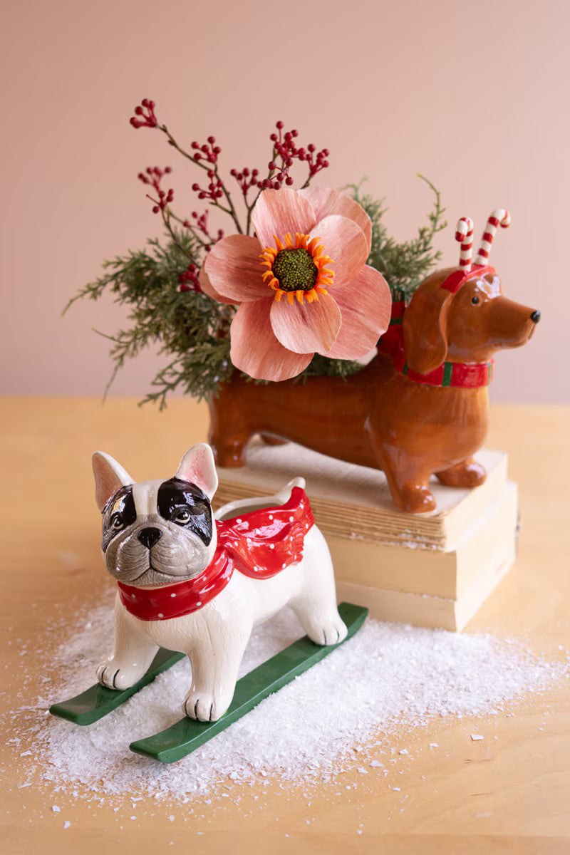 Ceramic Christmas Skiing Dog Planter