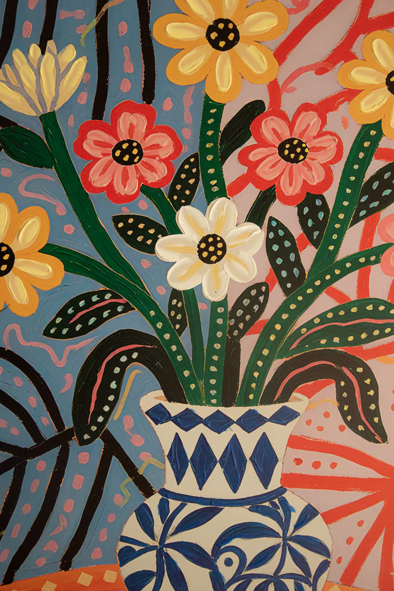 Funky Pink Flowers with Blue Vase Painting