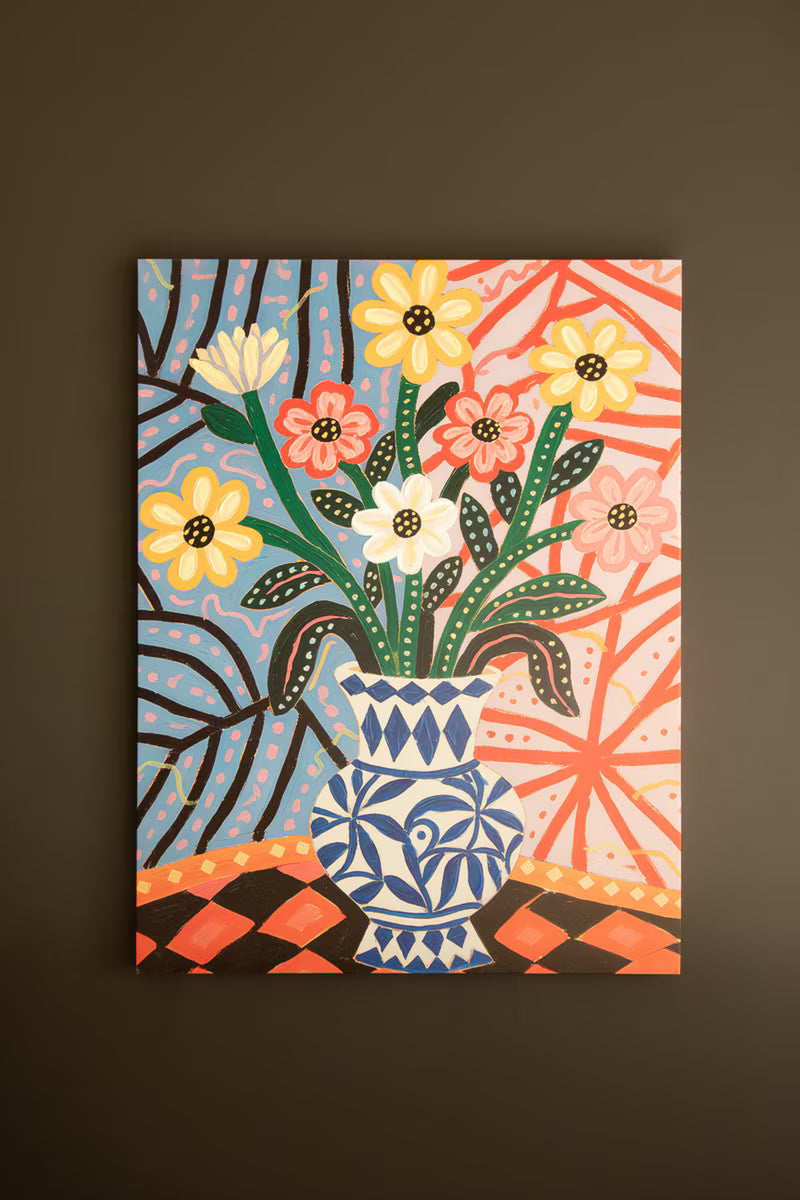 Funky Pink Flowers with Blue Vase Painting