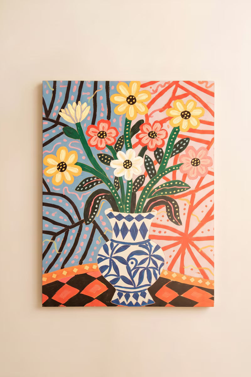 Funky Pink Flowers with Blue Vase Painting