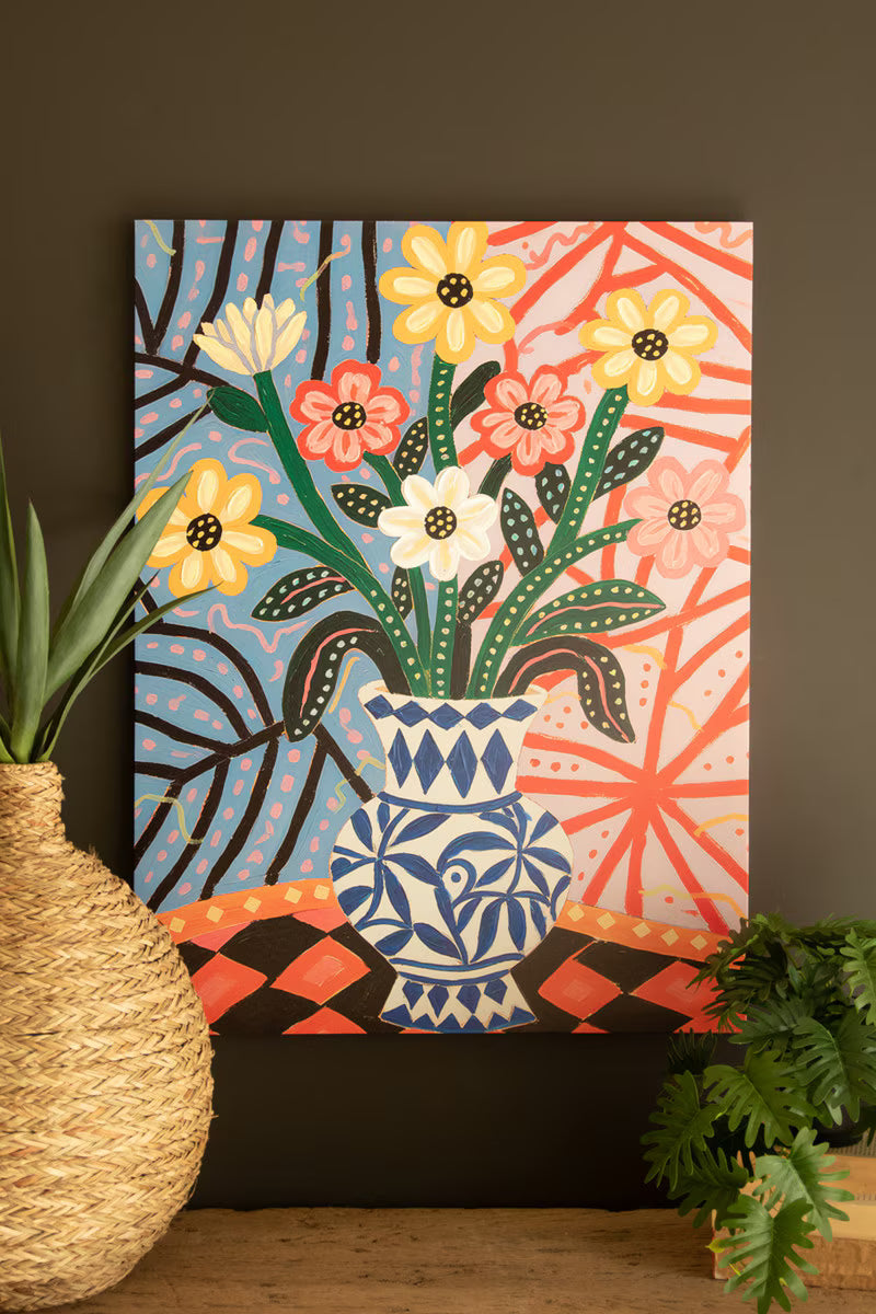 Funky Pink Flowers with Blue Vase Painting
