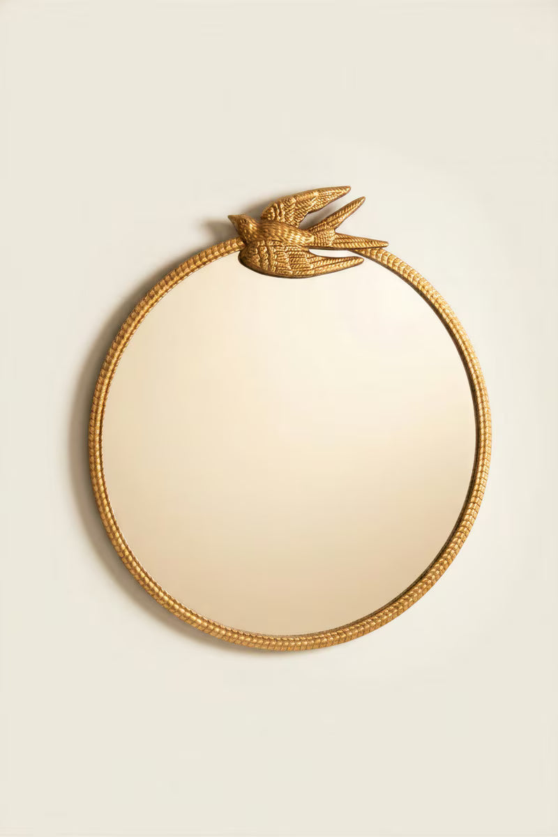 Antique Gold Metal Framed Mirror with Sparrow