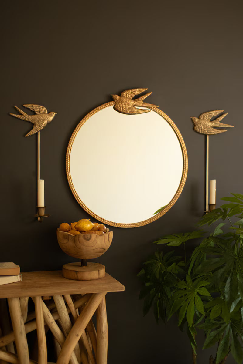Antique Gold Metal Framed Mirror with Sparrow