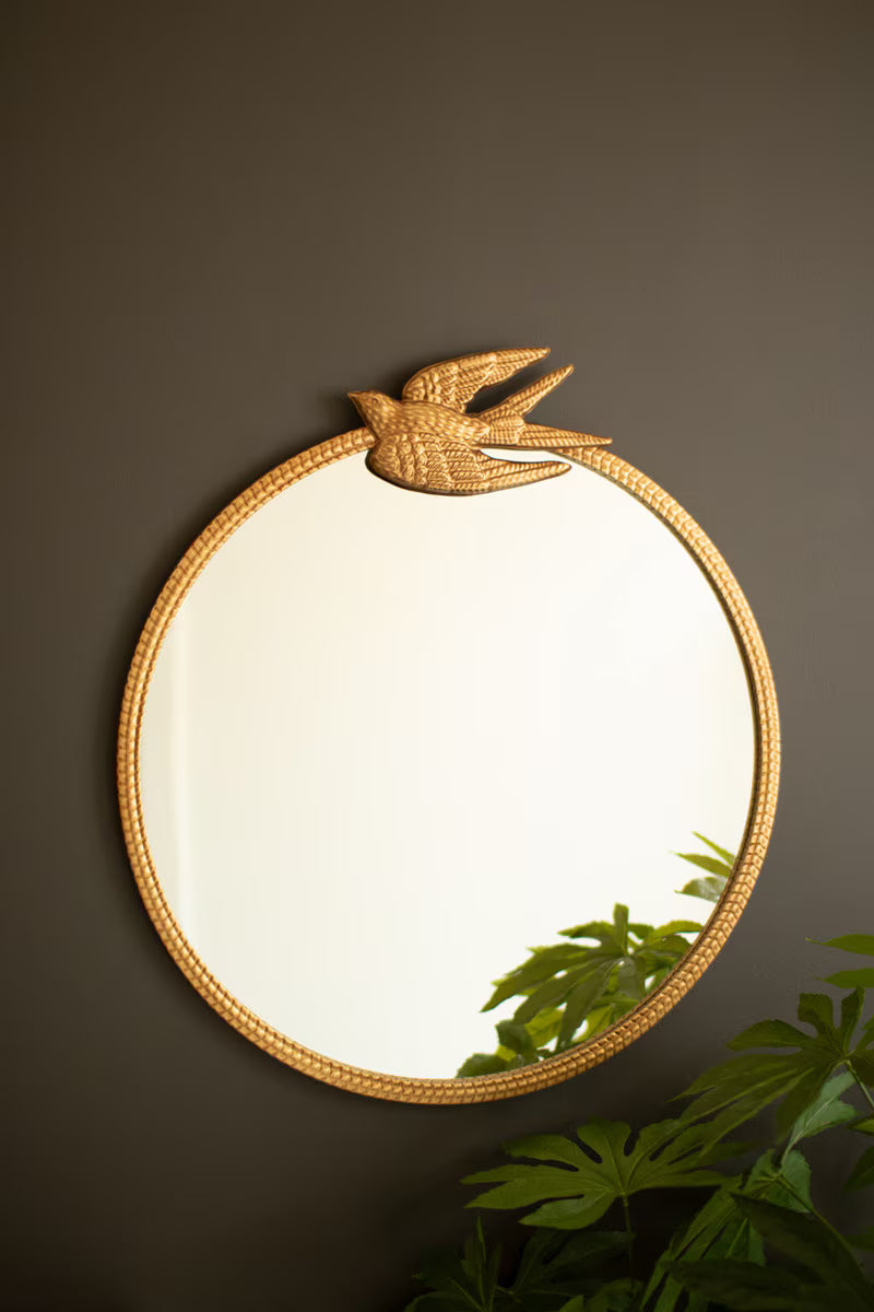Antique Gold Metal Framed Mirror with Sparrow