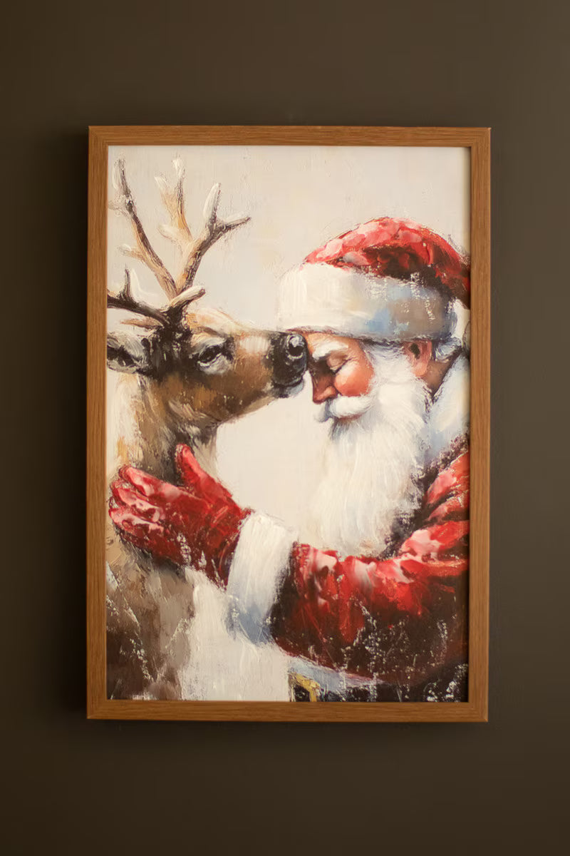 Framed Santa with Deer Painting